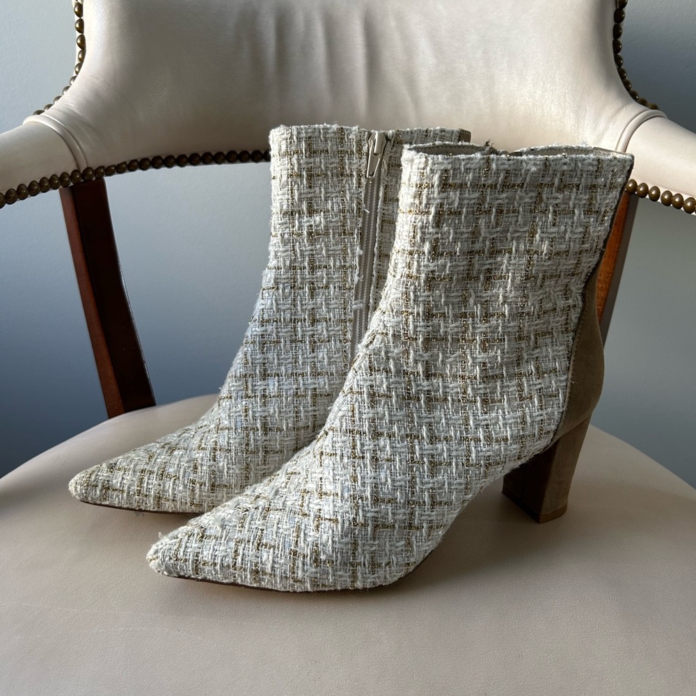 Tweed Pointed-Toe Ankle Boots in Ivory